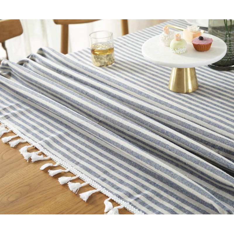 Plenmor Cotton Linen Table Cloth Stripe Tassel Round Tablecloth Dust-Proof