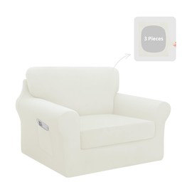 Easy-Going 3 Pieces Stretch Chair Cover Washable Chair Slipcover Set for 1 Backrest and Seat Cushion Couch Anti-Slip Sofa Couch Cover Furniture Protector with Elastic Bottom (Small, Ivory)