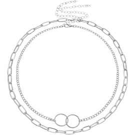 Bohemia Paperclip Link Chain Choker Necklace Layered Interlocking Circle Necklace Punk Accessories for Women and Girls (One size, Silvery)
