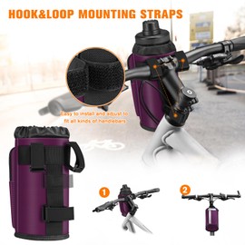 FINPAC Cup Holder for Bike, Universal Water Bottle Holder with Phone Pockets for Stroller Walker Golf Cart Rollator and Scooter, Outdoor, Biking - Purple