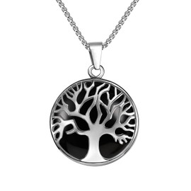 JADENOVA Family Tree Necklace Tree of Life Natural Black Agate Gemstone Crystal Pendant Necklace 24 Inches Stainless Steel Chain