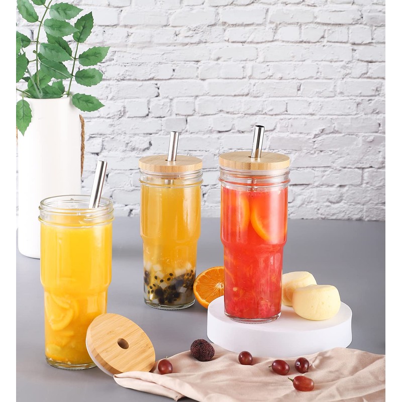 ASANMEYO 2 Pcs 24 oz Glass Cups With Bamboo Lids