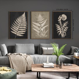 Zessonic Vintage Fern Leaf Framed Wall Art Botanical Canvas - Black Large Nature Rustic Moss Silhouettes Natural Antique Print Art - Living Room, Bedroom, Office Set Of 3-24x36 Inch, Ready to Hang