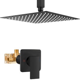 Heyalan Shower Faucet Set Square Stainless Steel Bathroom Rainfall Shower System One Handle Single Function Shower Trim Kit with Rough-in Valve Male Thread,Ceiling Mount,10 Inch,Brushed Nickel