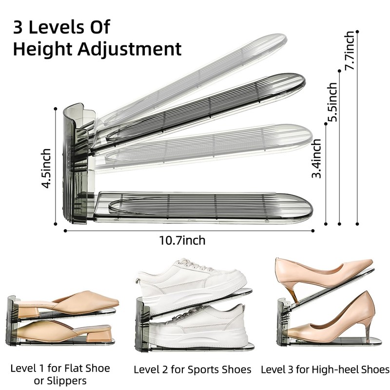 Uni HIMO Shoe Slots Organizer, Clear Shoe Stacker, Adjustable Level