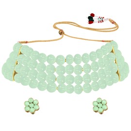 Aheli Gold Plated Pearl Beaded Choker Necklace with Stud Earrings Gift for Women Traditional Jewellery Set Mint
