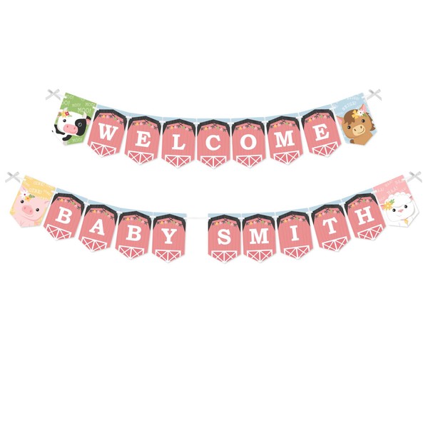 Big Dot of Happiness Personalized Girl Farm Animals - Custom Pink Barnyard Baby Shower Bunting Banner and Decorations - Welcome Baby Custom Name Banner