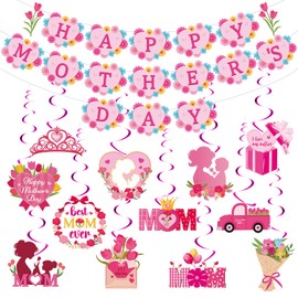 Happy Mother's Day Decorations Banner and Hanging Swirls,Pink Flower Mothers Day Decorations for Mom Home Wall Room Photo Props Photography Mother's Party Favors Gift