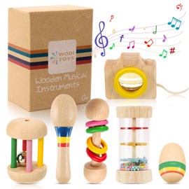 6pcs Different Wooden Baby Toys for 6-12-24 Month Old Toddlers Montessori Toy for 1 Year Old Sensory Musical Rattles Toy Safe and Non-Toxic Wood, Birthday Gift for Boys and Girls