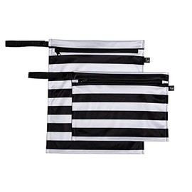 J.L. Childress Wet-to-Go Portable Wet and Dry Bags, Waterproof and Leakproof, Machine-Washable, Reusable for Cloth Diapers, Wet Clothes, Swimsuits, and More. 2 Pack, Black/White Stripe (1162)