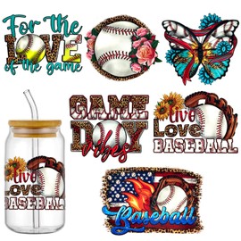 Cartoon Baseball Sports Ball UV DTF Cup Wrap Transfer Stickers for 16oz Glass Cups, Rub on Transfers for Crafts Cup Decal Stickers-6Sheets (D)