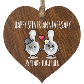 25th Wedding Anniversary Plaque Gift for Husband Wife - 25 Years Together - Happy Silver Anniversary Wooden Heart for Women Men Partner, Dark Wood Sign Keepsake Gifts