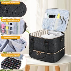 YUYAFN Large Nail Polish Organizer Bag Holds 84 Bottles Nail Polish and a Nail Lamp, PU Leather Nail Kit Storage Carrying Case, Removable Portable Travel Nail Art Tool Storage