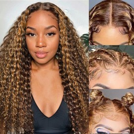 Honey Blonde 13x6 Deep Wave Lace Front Wigs Human Hair 30 inch 4/27 Highlight Ombre Deep Wave HD Transparent Lace Front Wigs Pre Plucked 180% Density Wet And Wavy Curly Lace Frontal Wig for Women