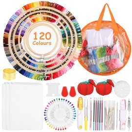 Qixora DIY Embroidery Kit, 120 Colour Threads Embroidery Starter Kit, Easy to Store Cross Stitch Set for Adults, 3 Aida Cloths and Cross Stitch Tool Set with 5 Pieces Bamboo Embroidery Rolls
