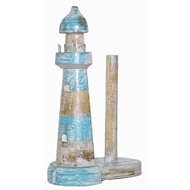 WorldBazzar New Hand Carved Lighthouse Teal Color Design Paper Towel Holder Wood Carving Nautical Statue Kitchen Gadget Sculpture, Brown, Blue, White Wash, White, Wash, Aqua, Teal, Green, Marine