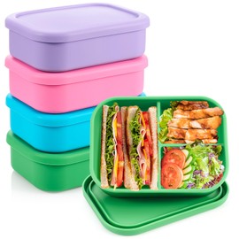 Layhit 4 Pcs Silicone Bento Box Reusable 3 Compartment Silicone Bento Lunch Container for Adults Microwave Dishwasher Freezer Safe (Bright Colors)