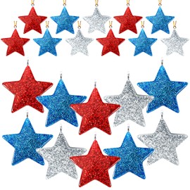 DTOFOOT 48PCS Mini Glitter Resin Star Ornaments Memorial Day Veterans Day Remembrance Day Hanging Decorations for Tree Blue Red and Silver Star Charms with String Resin Hanging Pendants