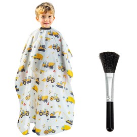 Gealaek Kids Haircut Cape and Neck Duster Brush Set with Construction Site Pattern Kids Barber Cape 55x40 Inches for Boys & Girls Salon Cape Kit (White)