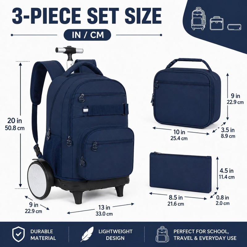 FTJCF 3Pcs Large Wheels Rolling Backpack for Boys Men, 20