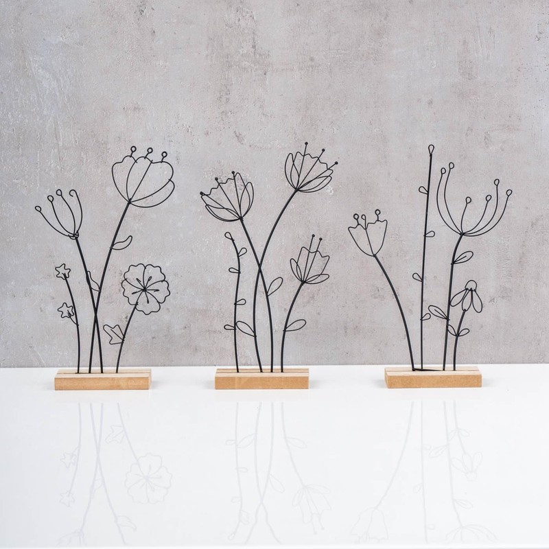levandeo Set of 3 Stand Flower Metal MDF Black Natural