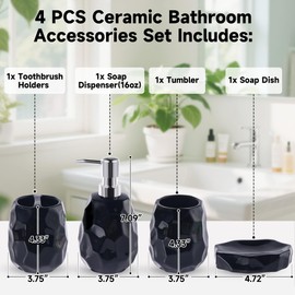 Ceramic Bathroom Accessories Set 4 PCS,Thickened Bathroom Set Complete,Include Toothbrush Holder,Soap Dispenser,Vanity Tray,Tumbler,Bathroom Deco Organizer with Soap Dish,Apothecary Jar (Black)
