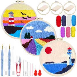 Woohome Punch Needle Kit, Punch Needle Embroidery Starter Kit, Embroidery Cloth with Pattern, Embroidery Hoop Threads, Instructions for Crafts (Lighthouses and Flower Fields)