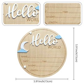 Baby Announcement Sign, ​5.9 Inch Wooden Hello World Newborn Signs, Birth Announcement Sign, Quiet Night Crescent Stars Decoration, Welcome Newborn Arrival To World, Hospital Nursery for Baby (White)