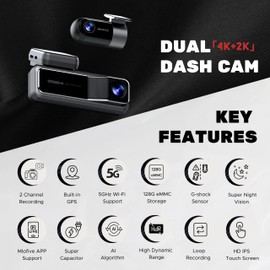 Miofive Dash Cam Front and Rear, 4K+2K Dual Dash Camera for Cars with 5G WiFi, GPS, 3840 UHD Recorder, Built-in 128G eMMC Storage, Night Vision, Motion Detection, G Sensor Powered by Super Capacitor