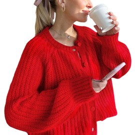 Wyeysyt Womens 2024 Fall Cardigan Sweater Open Front Chunky Soft Knit Sweater Button Down Loose Cardigans(Red-M)