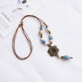 Bohemian Beaded Lariat Necklace for Women Boho Hippie Statement Long Necklaces Vintage Moon Stars Flower Ceramic Beads Jewelry (Flower)