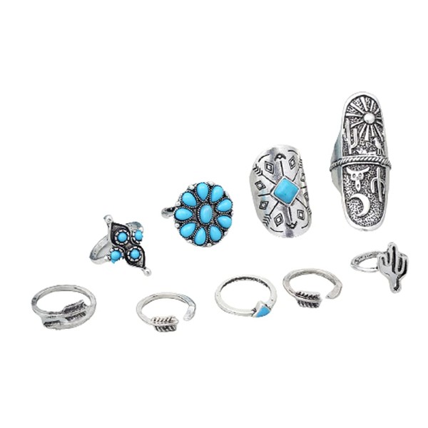 COLORFUL BLING 9 Pcs Set Boho Western Ring Set Turquoise