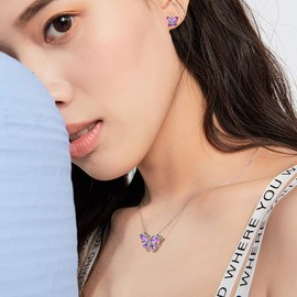 Hipunk 925 Sterling Silver Birthstone Butterfly Jewelry Women Crystal Animal Cute Butterflies Birthday Necklace/Earring/Ring/Bracelet Sets Birth Stone Statement Anniversary Jewellery, crystal, Cubic Zirconia