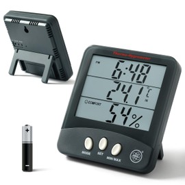 HGL - 100 Thermometer and Hygrometer with Large LCD Display, Humidity Meter and Temperature Meter for Indoor Climate with Time, Alarm Clock and Date