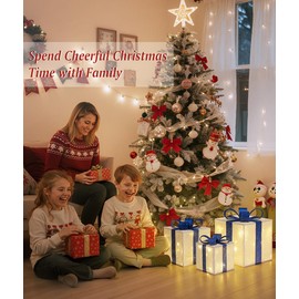 Christmas Lighted Gift Boxes, 3 PCS Outdoor Indoor Christmas Decorations with Remote Control, USB Plug in Present Decoration, Xmas Holiday Decor for Home Porch Lawn, Silver & Blue Bow