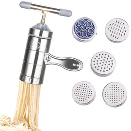 Stainless Steel Manual Noodles Maker, Portable Pasta Maker Noodle Making Press Machine Spaghetti Making Tools with 5 Noodle Mould