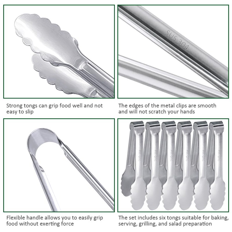 6.85 Inch Stainless Steel Serving Tongs, Metal Kitchen Tongs, Mini