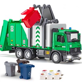 HAPYAD Side Loading Garbage Truck Toys Metal CAB, Trash Truck with Air-Pump Function, Lights & Sounds, Includes 4 Trash Bins, Learning Cards, Birthday Gift for Toddlers Kids 12"