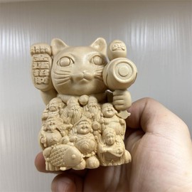 Wooden Sculpture Buddha Statue [Maneki Neko Seven Lucky Gods] Cypress Tree 10cm Height Figurine, Good Fortune Figurine, Lucky Charm, Prosperous Business, New Construction Opening, Good Luck Arrived
