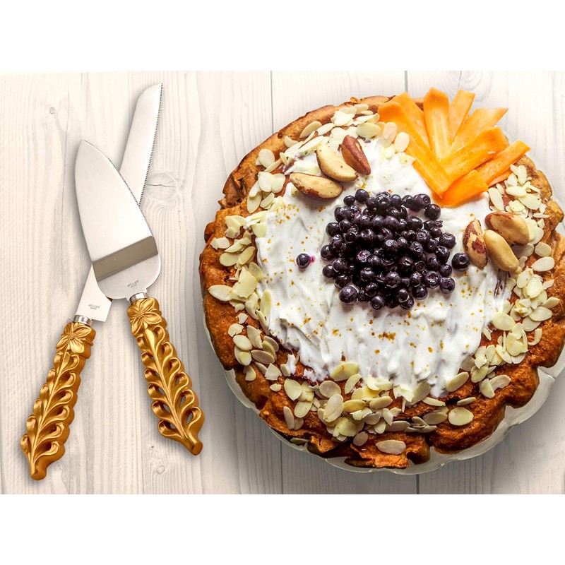 FASHIONCRAFT 2528 Gold Lattice Botanical Collection Stainless Cake Knife Set,