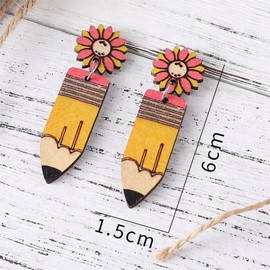 Personality Wooden Pencil Books Dangle Drop Earrings Double Sided Wooden Teacher Student Earrings for Women Teachers Appreciation Day Gifts Graduation Jewelry (Yellow Sunflower Stud Earring)