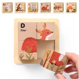 IEATFO Forest Animal Wooden Puzzle Toy - 4 Blocks Wooden Cube Puzzle with Storage Tray - 6 in 1 Shape Matching Game with Deer, Rabbit, Sloth, Raccoon, Fox & Toucan for 3+ Years