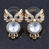 Crystal, Black Enamel Owl Stud Earrings In Gold Plating -