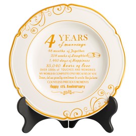 QNMUSUNC Anniversary Wedding Plate, Anniversary Wedding Gifts for Couple, Decorations Gift for Wife Husband, Ceramic with Stand (4th Plate)