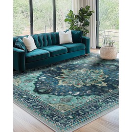 RELEANY Area Rugs 7'x9' Washable Non-Slip, Floral Vintage Distress Print Pattern Medallion Carpet for Living Room Bedroom Dining Room, Teal Green Lake Blue Turquoise