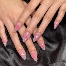 BABALAL Almond Press on Nails Medium Fake Nails Pink Ombre Glue on Nails 3d Bow Heart Acrylic Nails 24Pcs Stiletto Glitter Manicure Artificial Valentine 's Day False Nails for Women and Girls