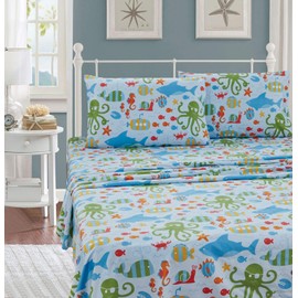 Kids Zone Home Linen Sheet Set Sea Life Octopus Crabs Fishes Whales Sharks Light Blue Green Red Orange New # Octopus (Queen)