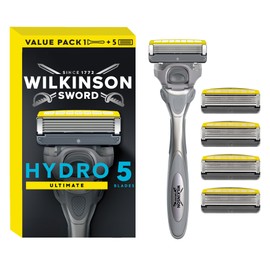 Wilkinson Sword - Hydro 5 Ultimate Razor for Men, Shaving Handle + 5 Razor Blades, Moisturising Gel Pools and Shock Absorption Technology