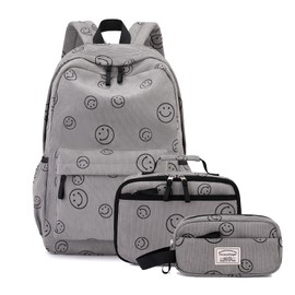 Tanweibago Backpack for Girls Boy Teen Corduroy Bookbags Elementary Middle High School Women Laptop Bag with Lunch Box Pencil Bag (Smile Grey)