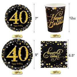 40th Black And Gold Birthday Party Supplies Set - 16 Guests - Disposable Tableware Kit Include 40 Years Gold Paper Plates, 12 oz Cups, Banner, Napkins, Tablecloth, Spoons, Forks and Knives…